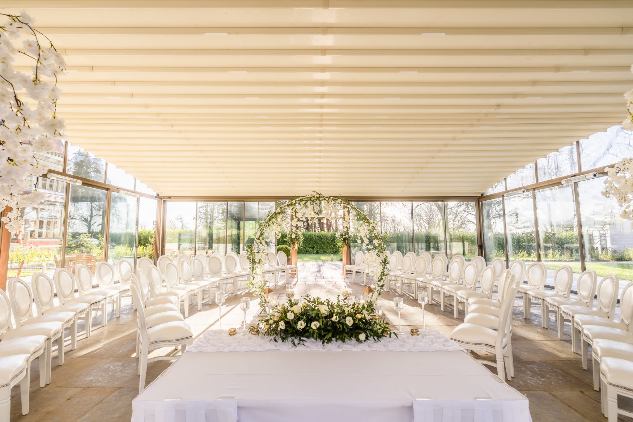 Our beautiful new Folly, a dazzling panoramic glasshouse with retractable roof in for you to say "I Do" outside in our garden with that indoors comfort. 